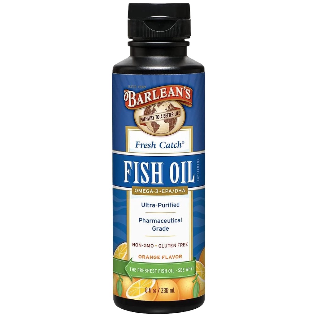 Tambahan Minyak Ikan Barlean Omega 3, 1262mg EPA dan DHA Fatty Acids, Non-GMO dan Gluten Free, Orange Flavor, 8 oz