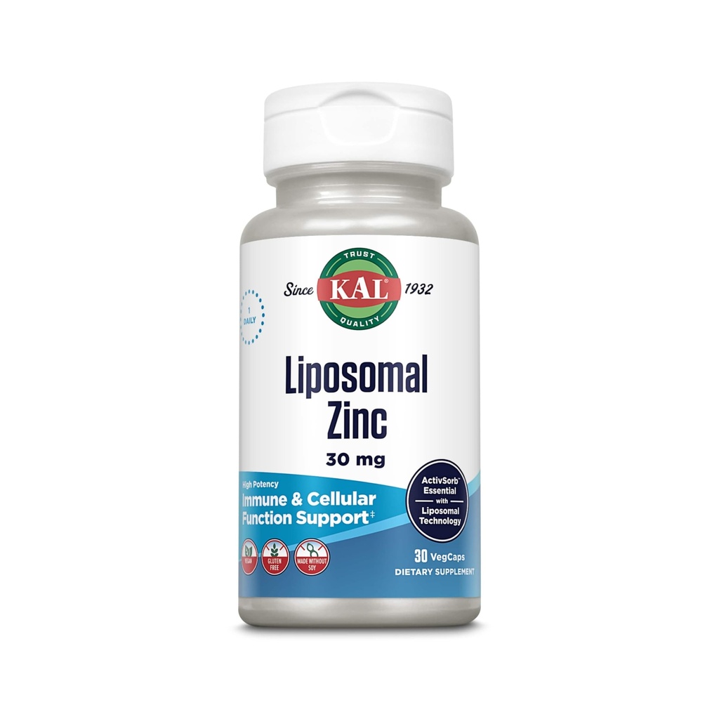 KAL Lipomal Zinc 30mg, Fungsi Sel dan Suplemen Dukungan Imunitas, Tambahan Absorpsi, Vegan, Gluten Bebas, Soy Free, 30 VecCaps