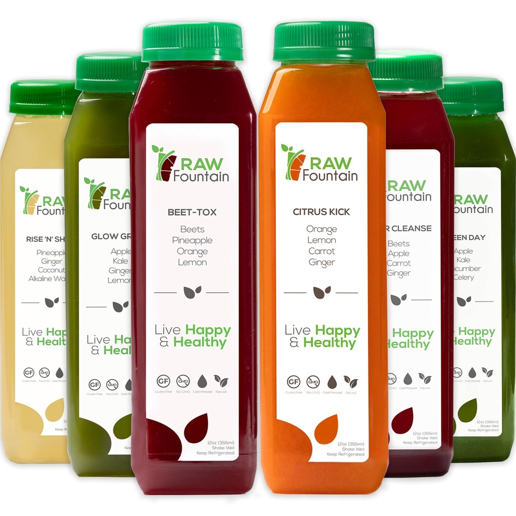 1 Hari Juice Cleanse by Raw Fountain, All Natural Raw Detox Cleanse, Juicing for Body Reset, Cold Pressed Juice Fast, Great Way to Jumpstart a Heally Diet 6 Bottles 12oz