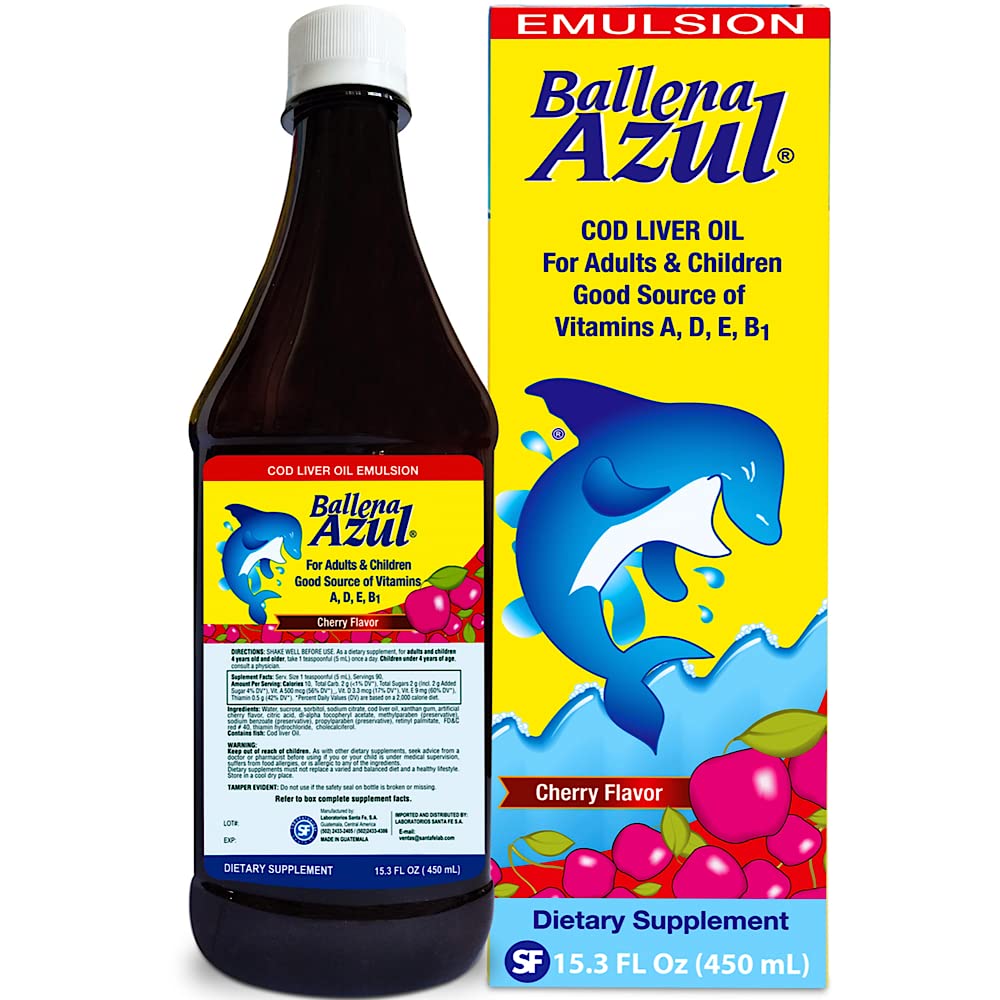 Ballena Azul Aceite de Hígado de Bacalo para Adultos y Niños, COD Liver Oil untuk Orang Dewasa dan Anak-anak, Vitamin A, D, E, B1, Dietary Supplemen, Omega 3, Inmune System Boost, Cherry (Cherry 15 OZ)