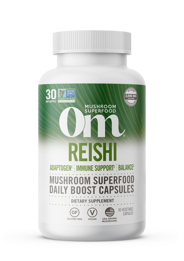 OM MUSHROOM SUPERFOOD Reishi Mushroom Capsules Superfood Suplement, 90 Count, 30 Hari, Adaptogen Organik untuk Relief Stress dan Immune Health