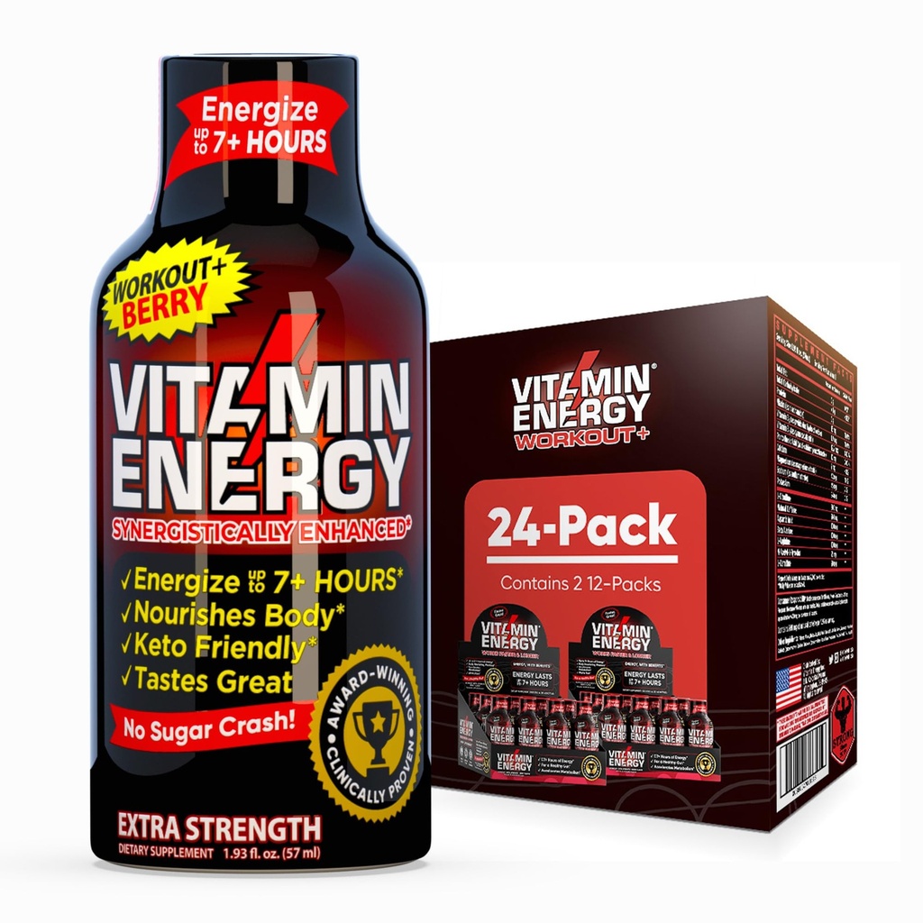 Vitamin Energy Workout + Extra Energy Shot Berry 24 Pack, 260mg Natural Caffeine, Pre-Workout, B-Vitamin, Mineral & Performance, Zero Sugar, Gluten- Free, Vegan, 1.93 fl oz