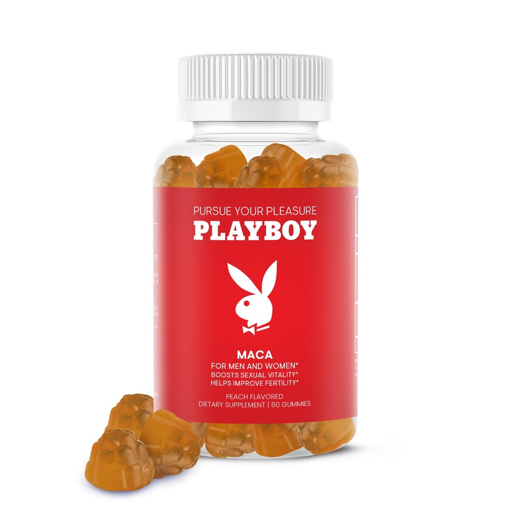 Playboy - Maca Root Gummies for Women and Men (60 Count - Peach Flavored) - Boost Vitalitas Seksual, Libido, Fertilitas - Maca Gummies Supplemen - 100% Natural, Vegan Non GMO - 4: 1 Ekstrak Maca Peruana
