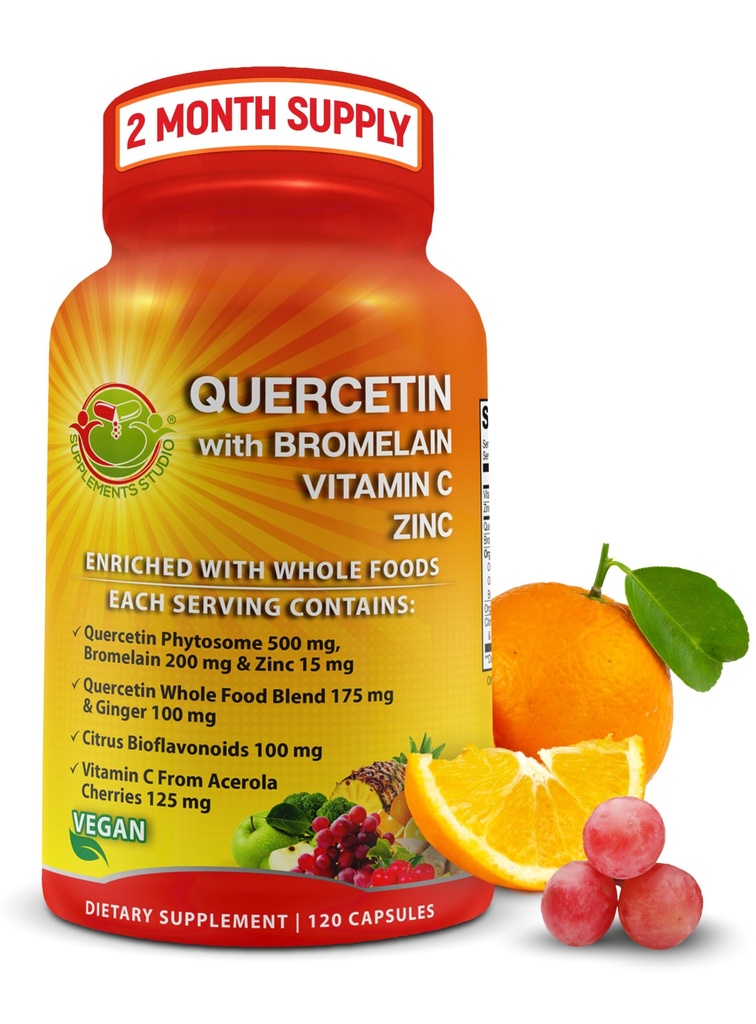 Quercetin dengan Bromelain Vitamin C dan Zinc Dihidangkan dengan Organic Whole Foods - 1215mg per Serving - Quercetin Phyttoome 500mg Capsules dengan Ginger dan Flavonoid untuk Imune Dukungan - 120 Count