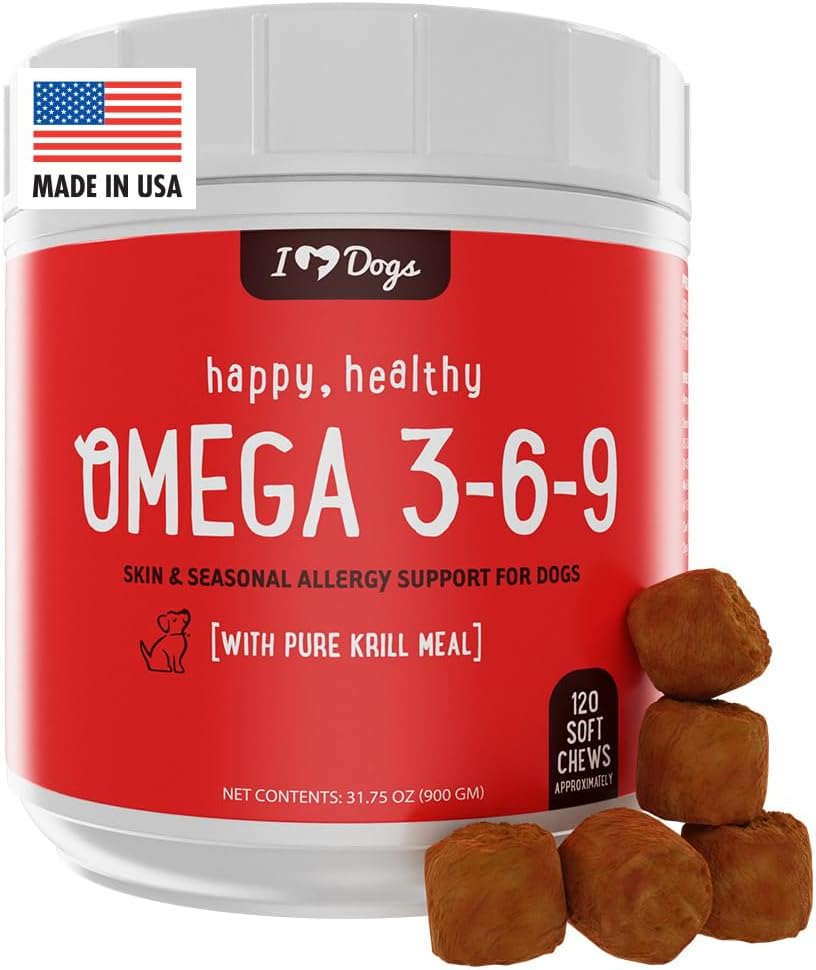 iHeartDogs Omega 3-6-9 for Dogs - Skin and Coat Fish Oil Suplement for Dogs with Pure Antartika Krill Oil - Allergy & Itchy Skin Relief Chews, 120 Count