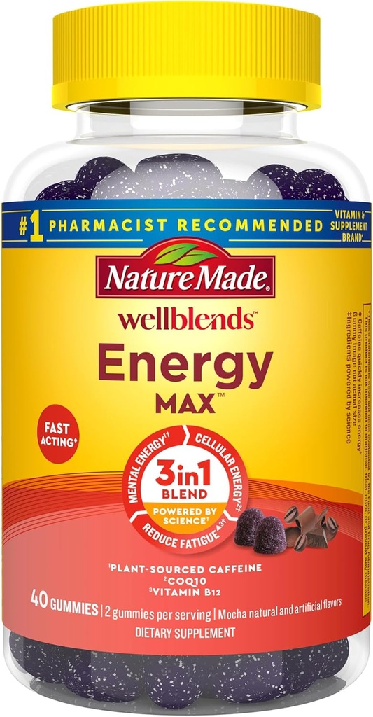 Nature Made Wellblends EnergyMAX Gummies, Fast Acting Caffeine, CoQ10 & Vitamin B12 1000mcg, Dukungan Energi Gummy Vitamin, 40 Gummi