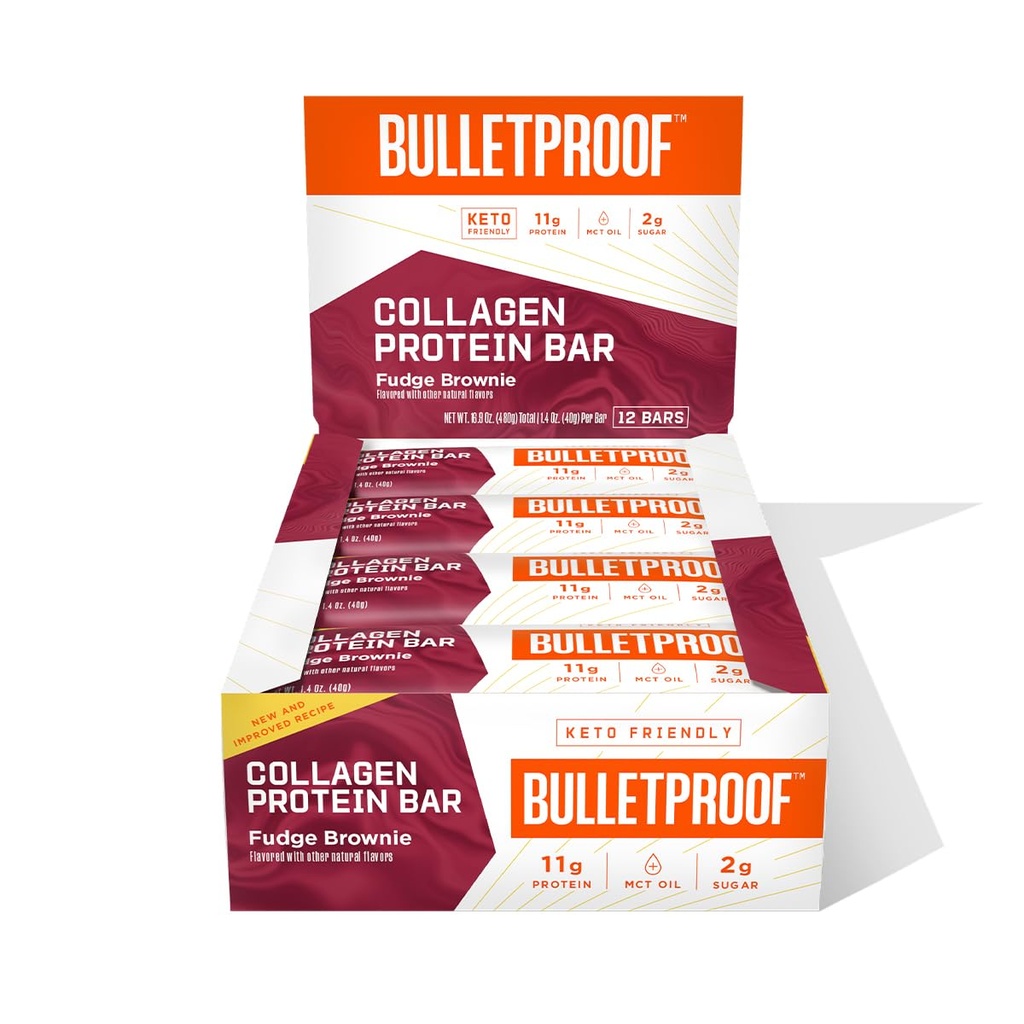 Bulletproof Fudge Brownie Protein Bars, Pack of 12, Keto- Friendly Snack with MCT Oil, Grass-fed Collagen, No Added Sugar