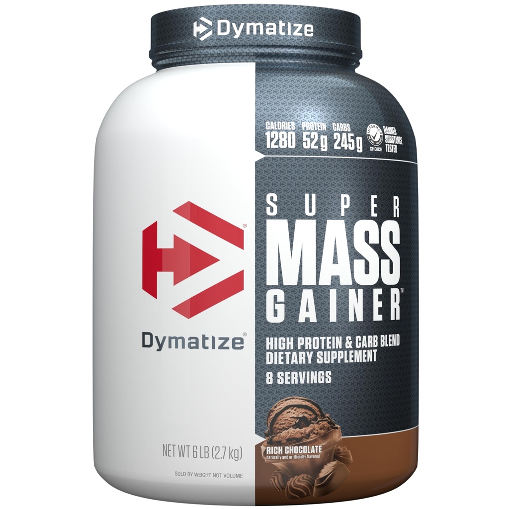 Dymatize Super Mass Gainer Powder, Rich Chocolate, 52g Protein, 1g Creatine, 1280 Calories, 10.7g BCAAs, 245g Carbs, Berisi Whiy Protein Powder, Isolasi, dan Casein (8 Pelayan)