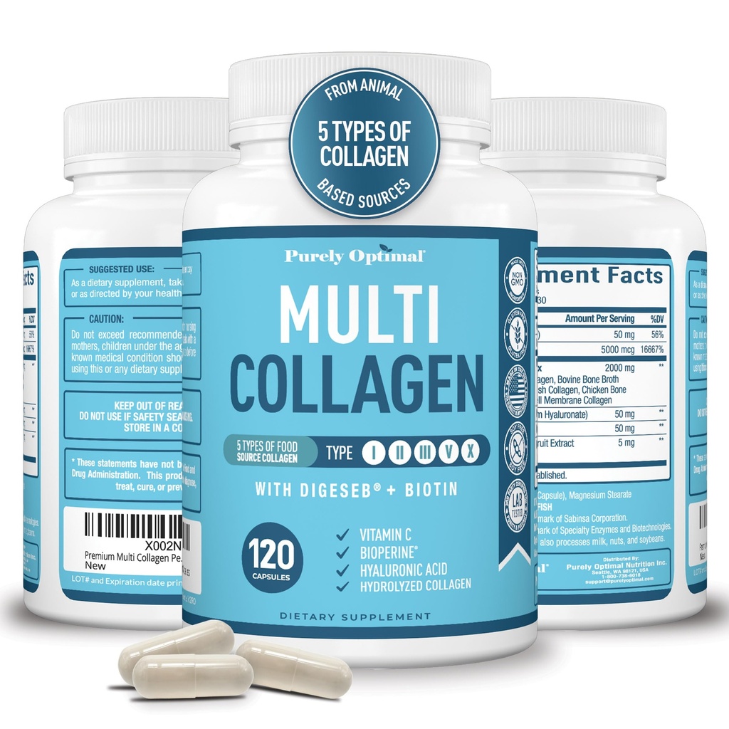 Premium Multi Collagen Peptides (Tipes I, II, II, V, X, X) - Collagen Pills untuk Skin Care, Perkembangan Rambut, Nails & Joints - Vitamin C, Bialuronic Acid, Biotin, Gluten Free - 120 Collagen Capsules