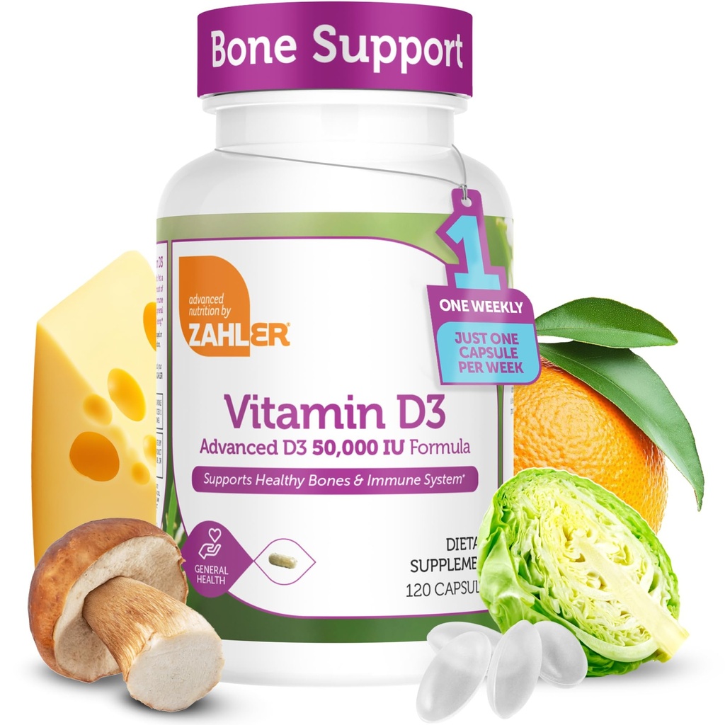 Zahler - Advanced Vitamin D3 50000 IU kapsul (120 Count) Kosher Vegetarian Friendity Vitamin D untuk Dukungan Imune, Bone, Teeth & Muscle Health - Weekly D3 Vitamin Suplemen - Easy Swallow D3.