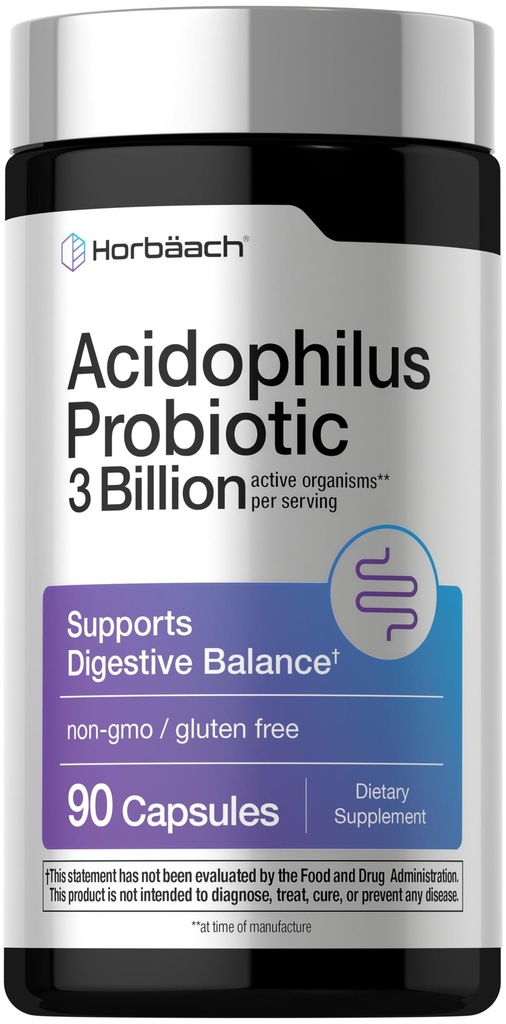 Horbäach Probiotic for Women & Men 's Digetical Health 124; 3 Milyar CFU 14; 90 Capsules 126; Non-GMO & Gluten Bebas
