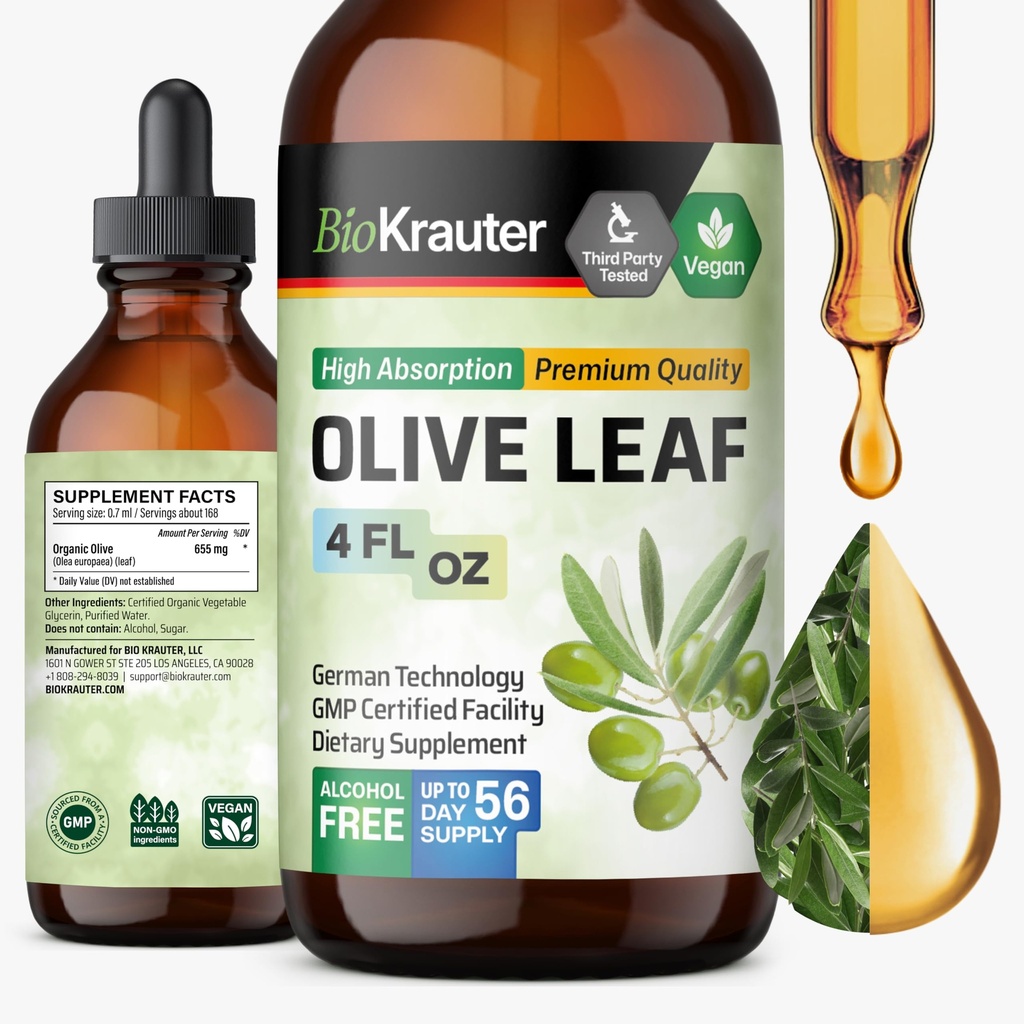 BIO KRAUTER Olive Leaf Extract Liquid - Olive Leaf Taincture for Imune Dukung - Alkohol dan Gula Free - Vegan Drops 4 Fl.Oz.