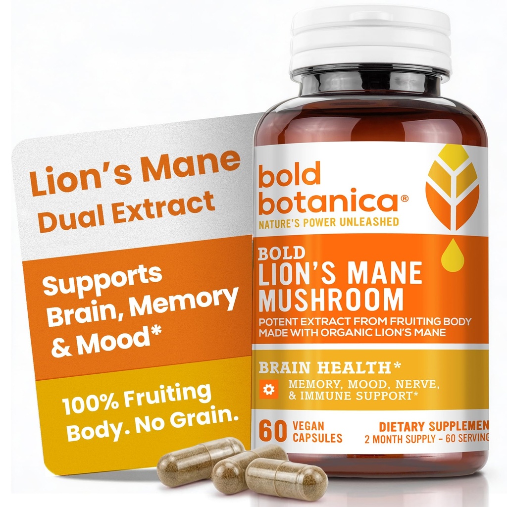 Kapak Jamur Mane Mashroom Bold Botanica - 100% Fruiting Body - Terkonsentrasi Ekstrak Mane Lion Organik - Nootropic Kesehatan Otak - Memori, Mood, Imune Dukungan - 60 Vegan Capsules