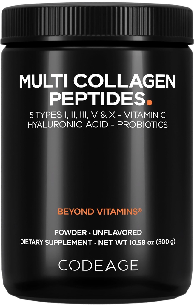 Codeage Multi Collagen Peptides Powder + Progetic Black Edition, Vitamin C, Hyaluronic Acider Suplemen, Grass- Fed, Hydrolyzed, Zero Carbs, Type I, II, V & X, Unflamited, 10,58oz