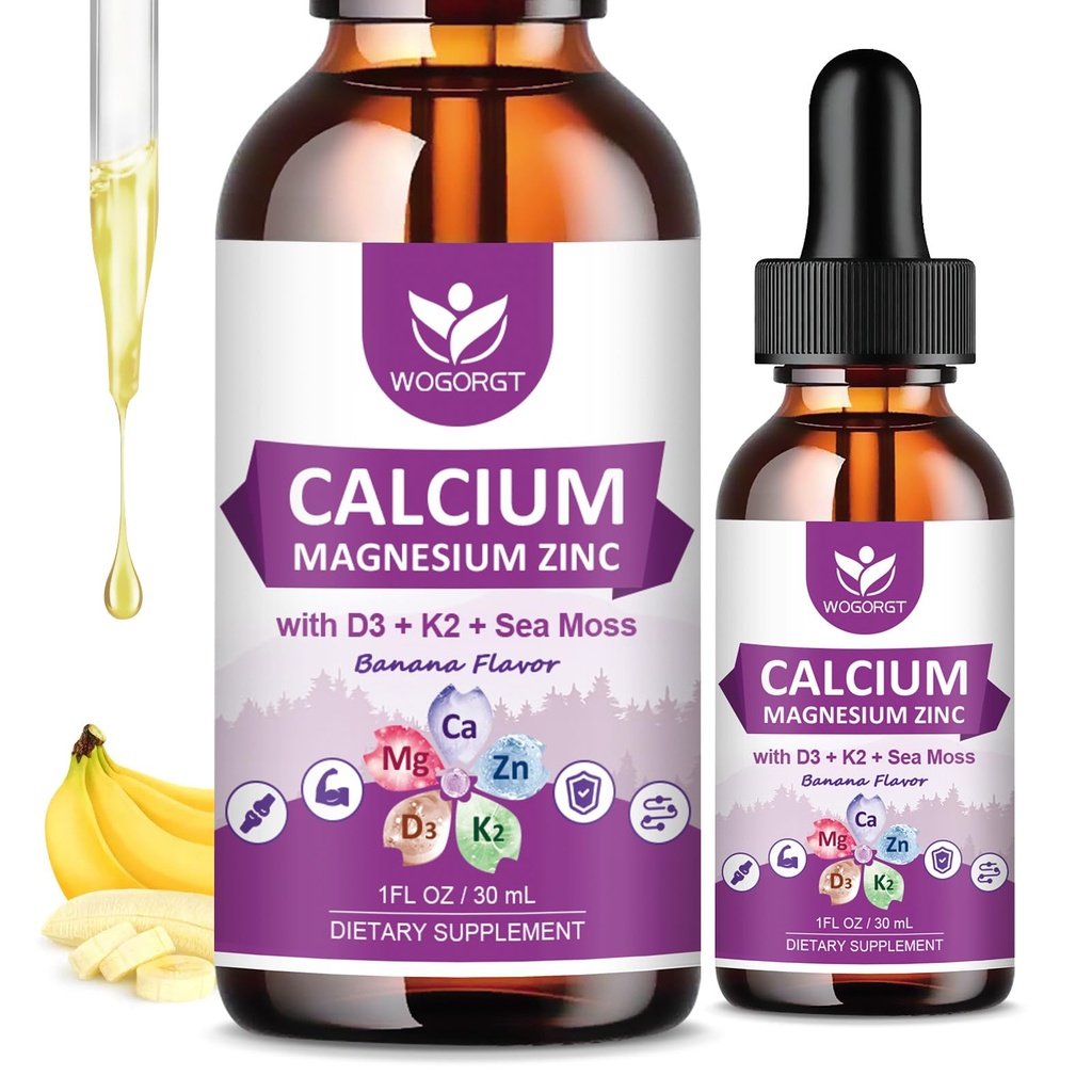 Kalsium Citrat 1000mg dengan Vitamin D3 untuk Women & Men - Liquid Calcium Magnesium Zinc D3 K3 untuk Bone, Teeth Support, Sugar Free, Vegan, Banana Flavor - 1 Fl Oz (2 Pack)