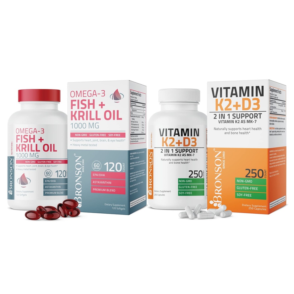 Bronson Vitamin K2 (MK7) dengan D3 Tambahan Omega- 3 Ikan + Krill Minyak 1000 MG