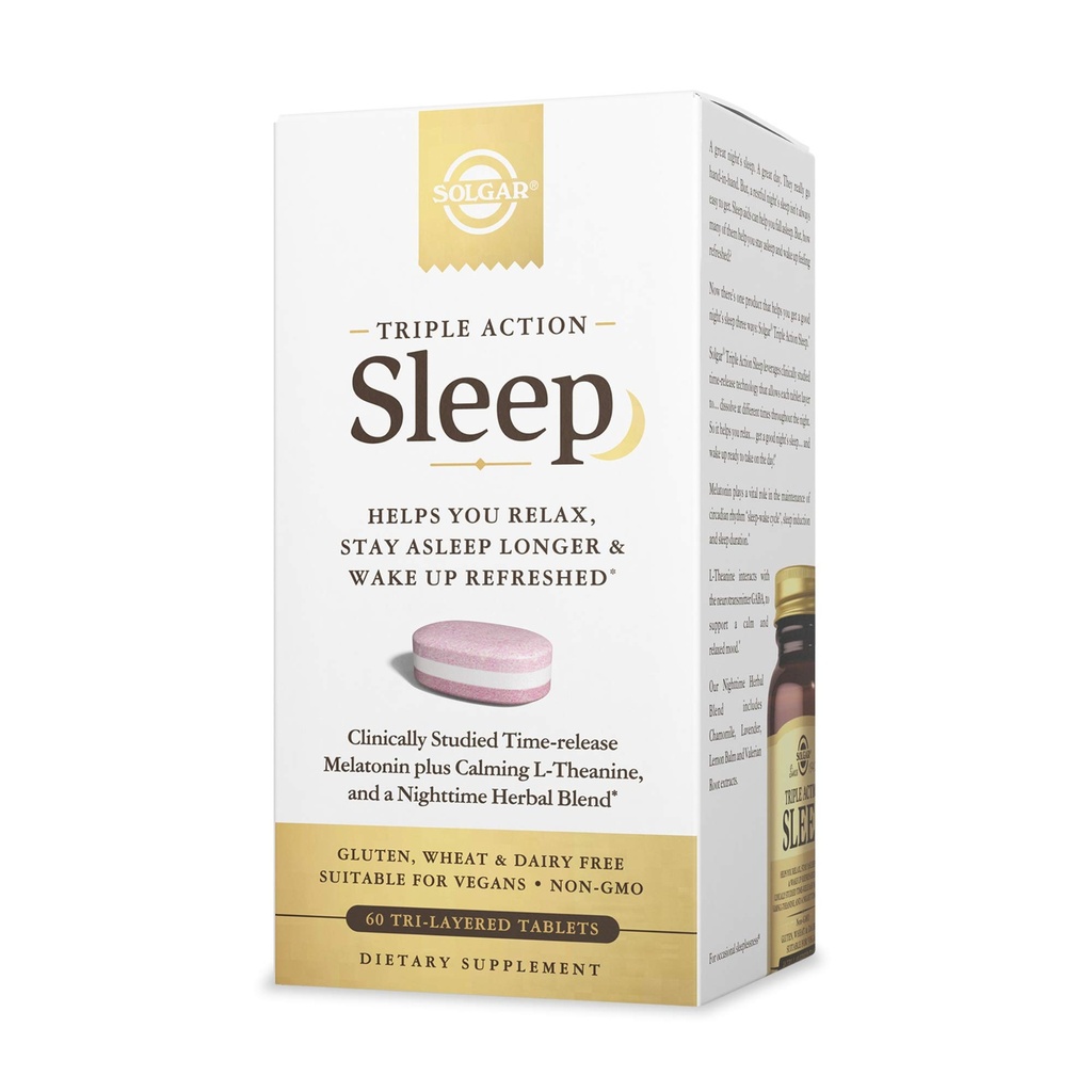 Solgar Triple Action Sleep, 60 Tri- Lapis-Time- Rilis Melonalin & L- Theanine Plus Herbal Blend - Helping You Relax, Fall Asleep Fast & Stay Alleger - Non-GMO, Gluten Free - 60 Servings