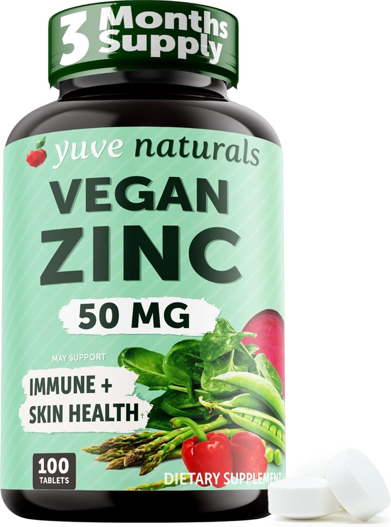 Yuve Vegan Zinc 50 mg - Gluconate Zinc untuk dukungan Imune dan Skin - Gluten Free, Non GMO, Plant Based - 100 Easy to Swallow Tablet