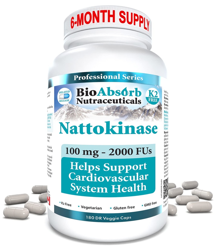 Bio Absorb Nattokinase Suplement. 100 mg, 2000 FUs. 6- Month Supply. Non-GMO Natto Extract Enzyme (180 Veggie Caps)