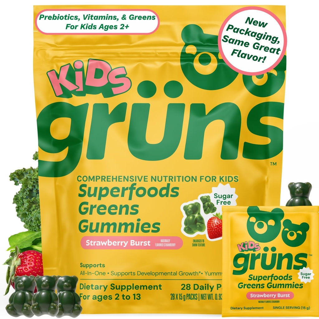 Grun Kids Vitamin, Super Greens Gummies, Sugar-Free Superfood Gummy Bears with Spirulina, Chlorella, Pregories Fiber for Digetical Health, Adaptogens Suplemen, 20 Vitamin & Minamins, 28 hari Pack