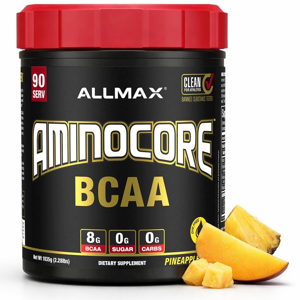 ALLMAX NASTition AMINOCORE BCAA, Pineapple Mangga - 945 g Powder - 8.18 Grams Branched Chain Acids Per Serving - dengan B Vitamin - Tidak ada Filler atau None-BCAA Aminos - Sugar Free - 90 Servings