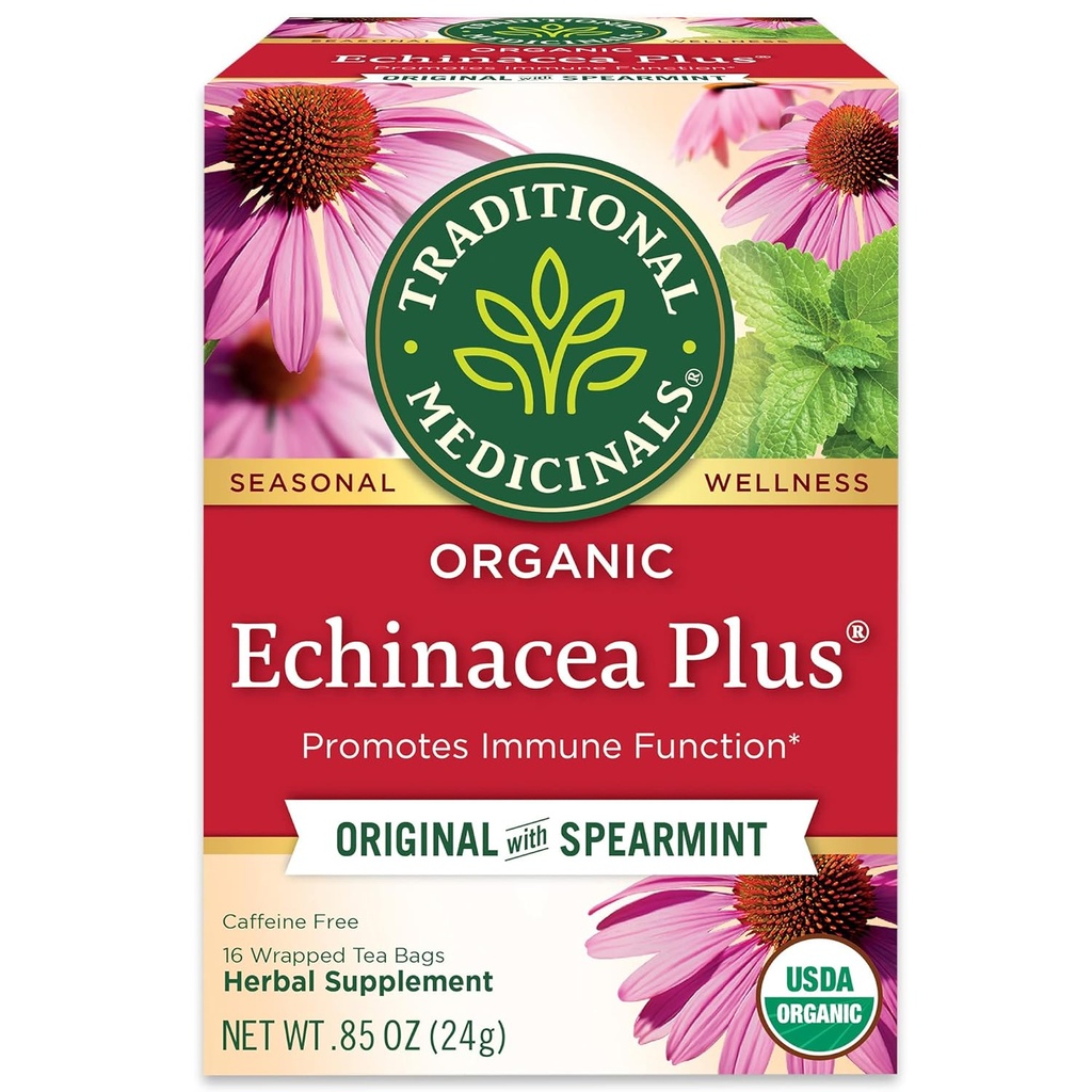 Tradisional Medicinals Organic Echinacea Plus dengan Spearmint Herbal Tea, Promotes Immune Fungsi, (Paket 1) - 16 Tea Bags