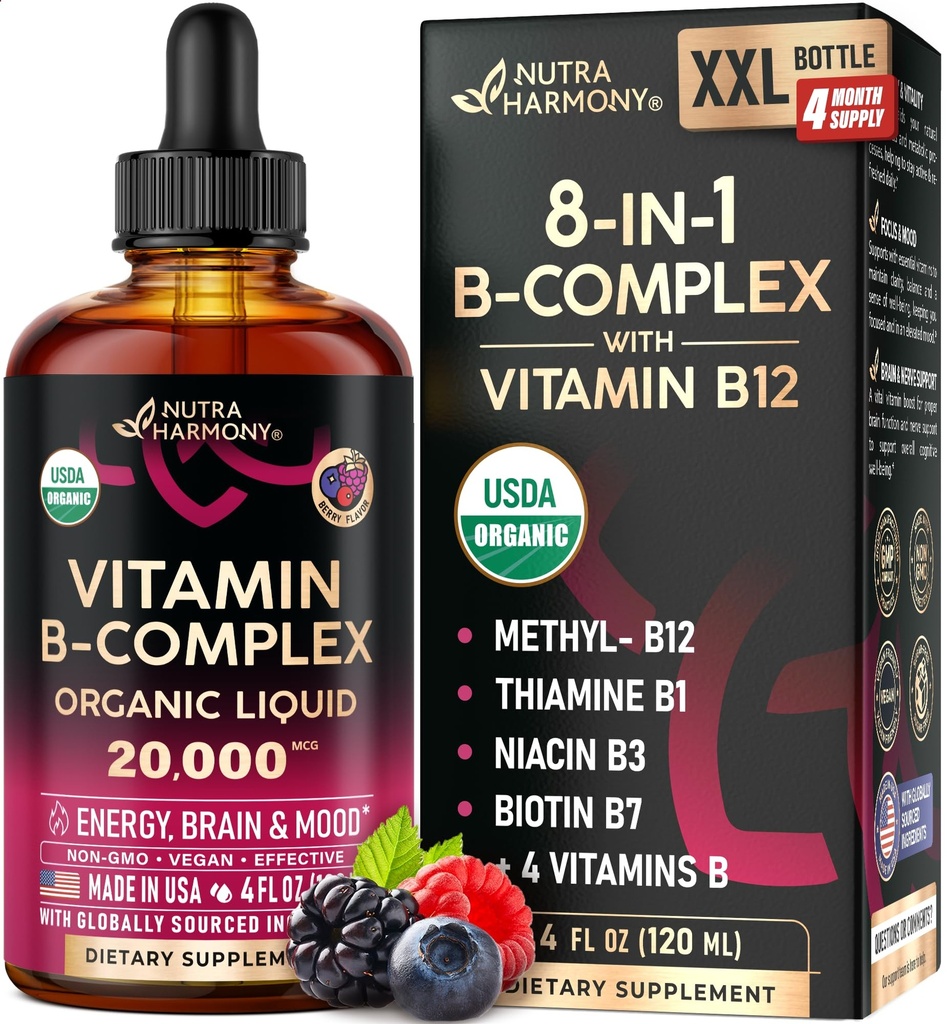 USDA Organik Vitamin B-Complex B5 Pantothenic Acid 124; B12 Methylcobalamin 124; B1 Thiamine 124; B6 Pyridoxine 124; B7 Biotin 124; B9 Module 124; B3 Niacinamide - B Complex Liquid Drops, Dibuat di AS Supplemen, 4lF.
