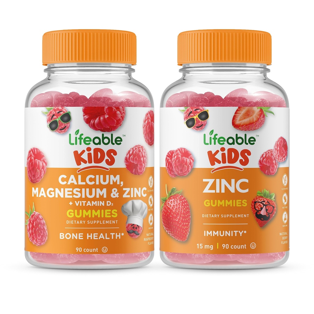 Lifeable Calcium Magnesium & Zinc Kids + Zinc Kids, Gummies Bundle - Great Tasting, Vitamin Suplemen, Gluten Free, GMO Bebas, Gummy Chewable