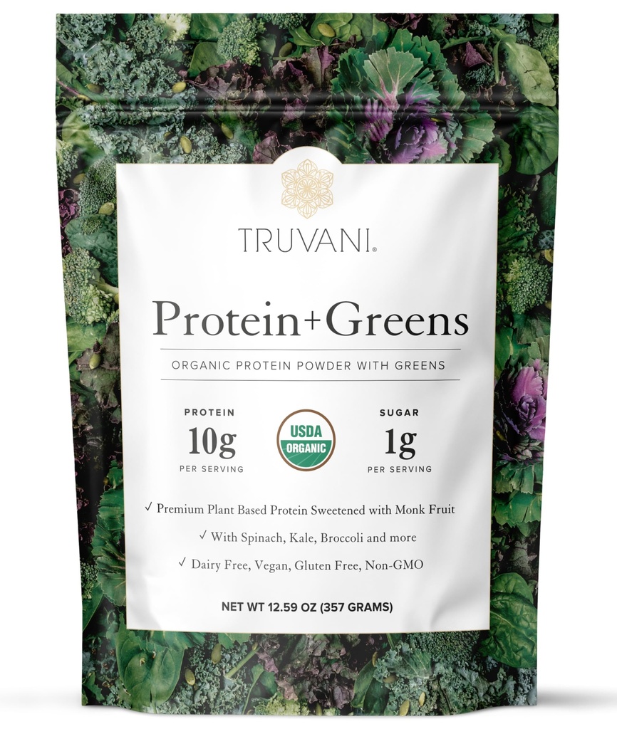 Truvani Protein + Greens Suplemen 124; Spinach, Kale & Broccoli 124; 10g Organic Plant Based Protein 124; 20 Servings