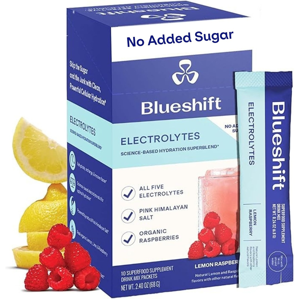 Blustoft Electrolytes - Natural Electrolytes Powder Pawder, Paket Hidration Organik, Electrolite Drink dengan No Sugar, Single Serve Pack - Lemon Raspberry Flavor, Powder Sticks (10 Pack)