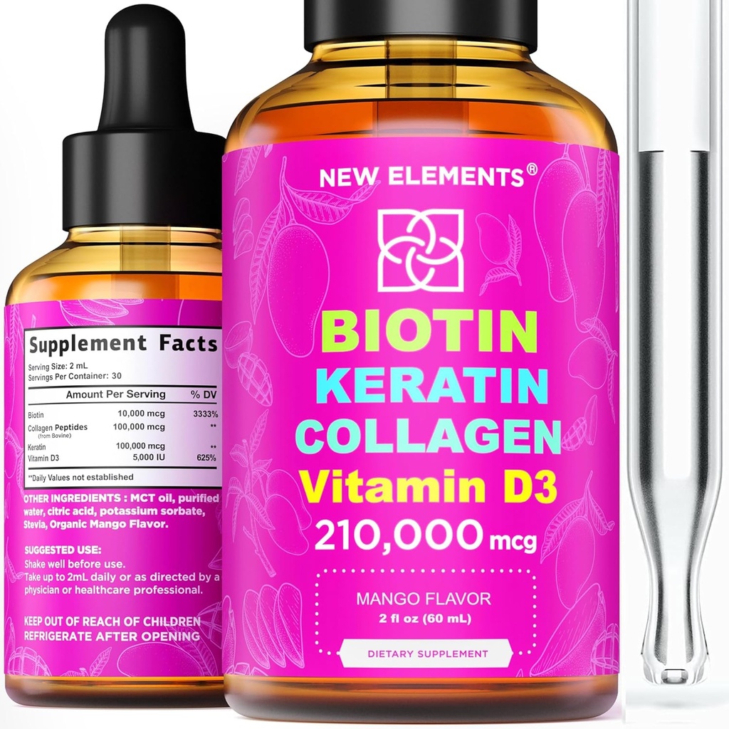 Liquid Biotin Keratin Collagen Peptides & Vitamin D3 untuk Perkembangan Rambut MCT Oil Drops 21.000mcg - Formula Kuat untuk Rambut Skin dan Nails, Perkembangan Rambut Paling Lanjut untuk Perempuan & Pria