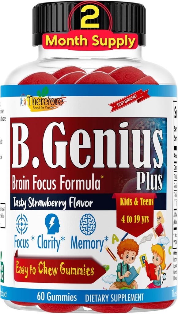 B.Genius Calming Ashwagandha Gummies for Kids and Teens 124; Calm Sleep and Relax Mood 124; Kids Gummies for Daily Focus 124; All Natural Vegan Raspberry Flavor, Non-GMO, Third- Party Tested 124; 60 Ct