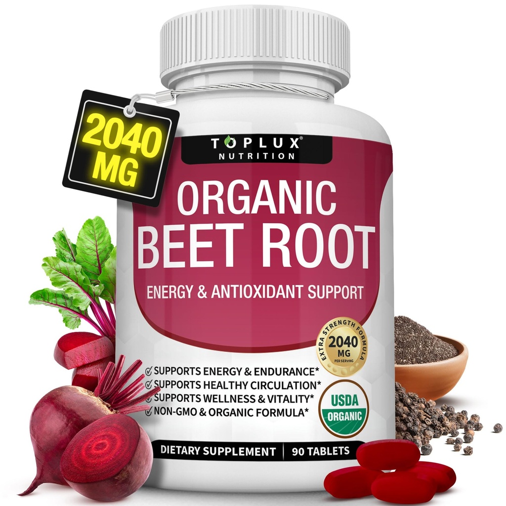 Tablet Root Beet Root - 2040mg Oxide Beets Natural Nitric untuk Dukungan, Energi, Pepper Hitam Lebih Baik Peledak, Non-GMO, untuk Perempuan Pria, 90 Tablet