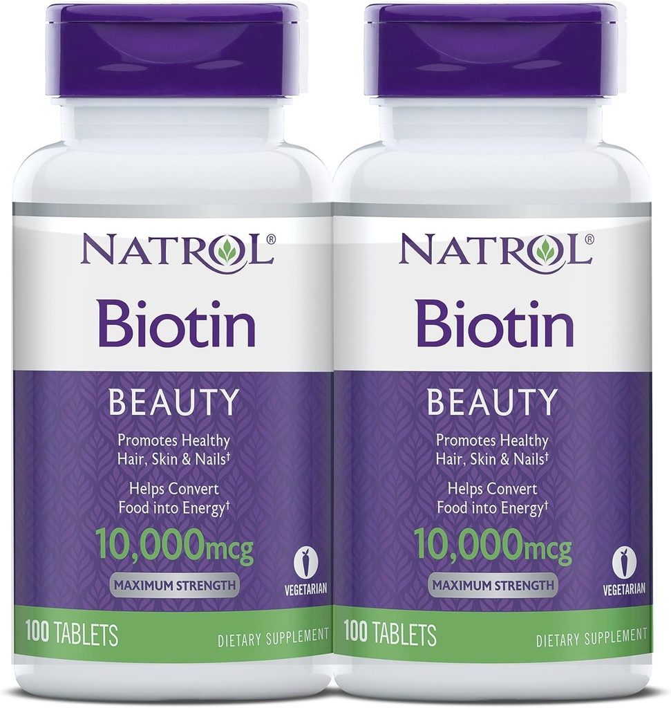 Natrol Biotin Beauty Tablet, Promotes Heally Hair, Skin and Nails, Bantuan Energi Metabolisme, Membantu Mengkonversi Makanan Ke Energi, Maksimum Kekuatan, 10,000mcg, 100 Count (Paket 2)