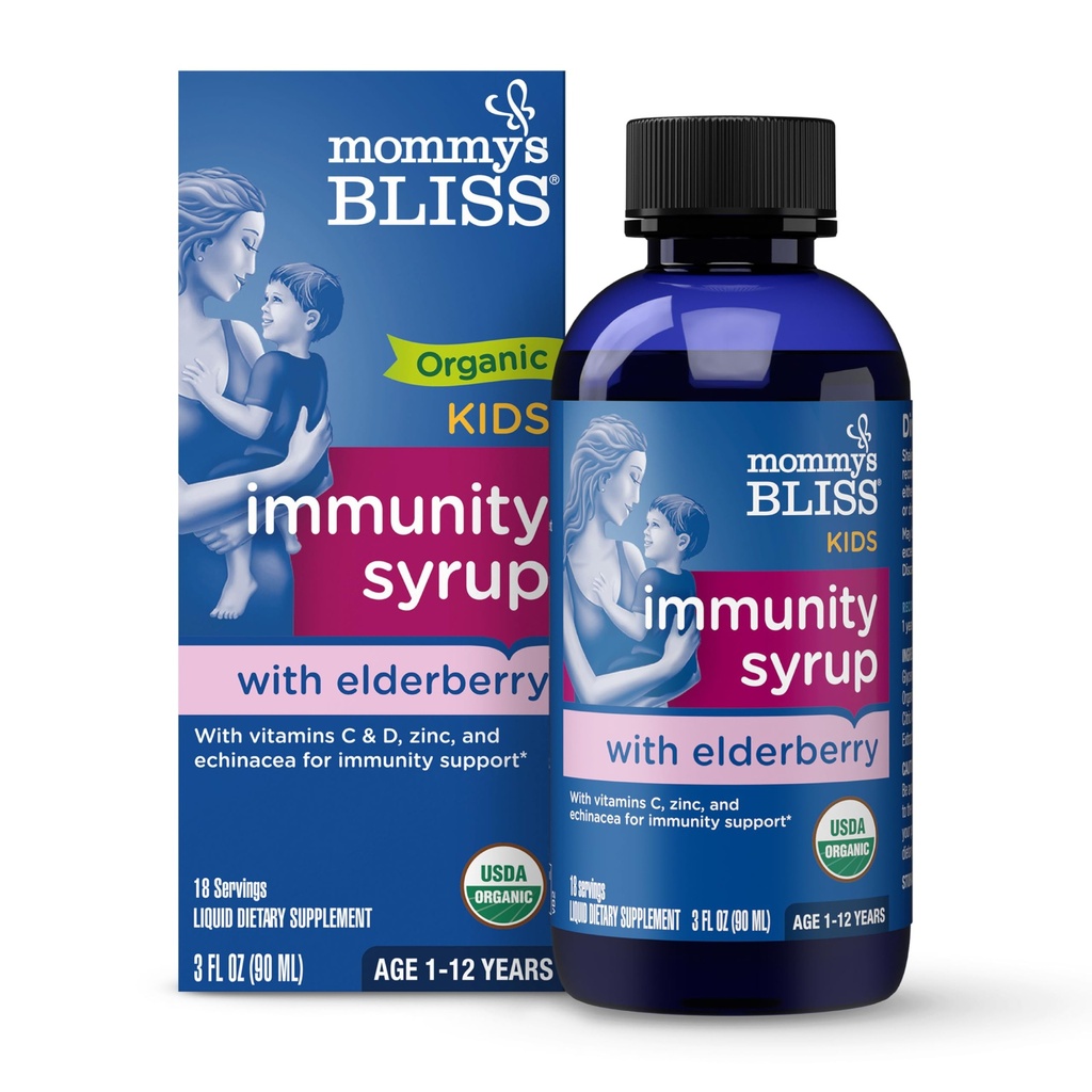Mommy 's Bliss Amoranic Elderberry Syrup & Immuniunity Boost With Vitamin, Prepocacea for Kids & Dewasa 1 yr +, 3 Fl Oz