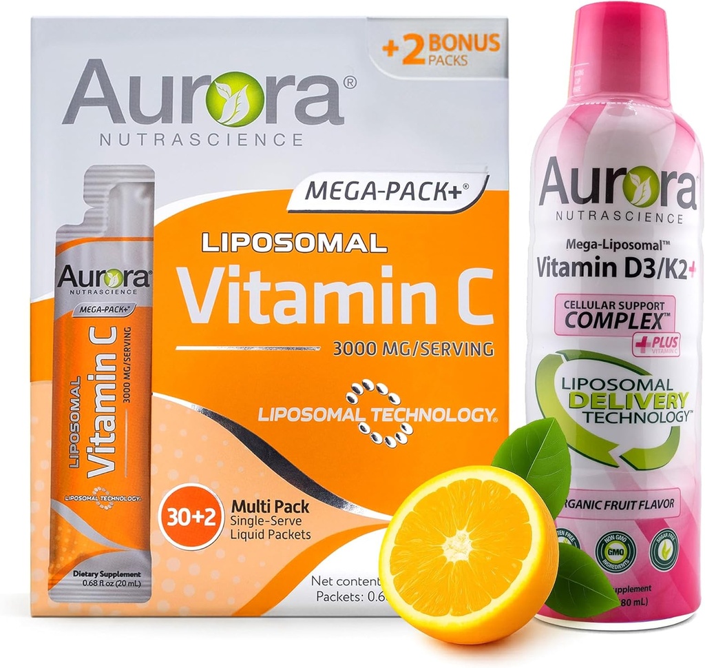 Aurora Nutrascience Mega Lipomal Vitamin C 32 Pack + Vitamin D3 / K2 Bottle Bundle - Supplemen Immune Dukungan & Kognitive Kesehatan - 32 Hamba Masing-masing