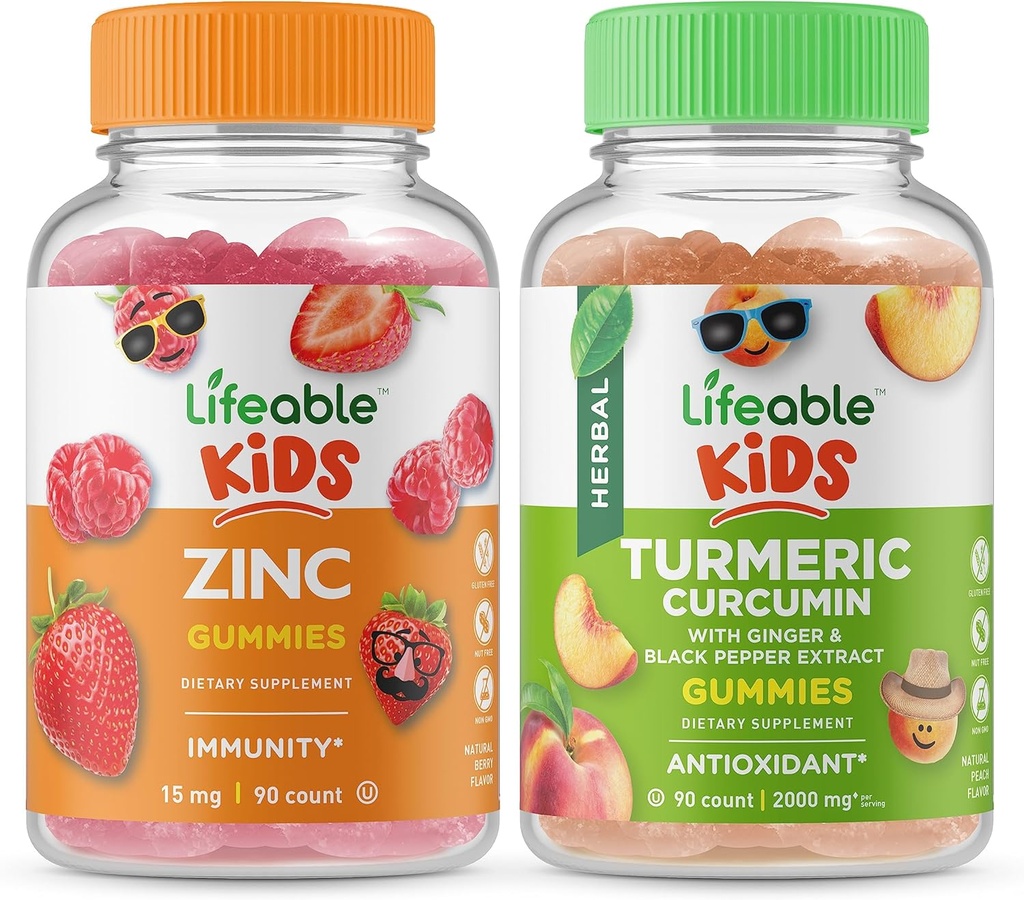 Lifeable Zinc Kids + Turmeric Curcumin Kids, Gummies Bundle - Great Tasting, Vitamin Suplemen, Gluten Free, GMO Bebas, Gummy Chewable