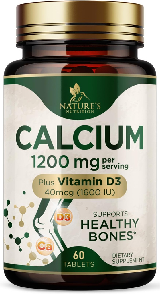Kalsium 1200 mg dengan Vitamin D3 - Bone Health Suplement, Vitamin D & Kalsium Suplemen Perempuan & Pria - Kekuatan Tulang, Dukungan Gigi & Imune, Pil Kalsium Alam, Botol di Amerika Serikat - 60 Tablet