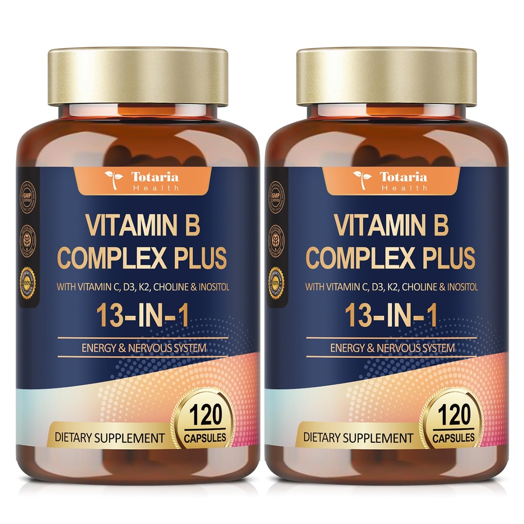13-in- 1 Vitamin B Kompleks Plus dengan Vitamin B1, B2, B3 (Niasin), B4, B5, B6, B7 (B8 (Inosiol), B9 (FOLD), B12, C, D3, K2 untuk Energi, Nerve, Immune, Skin - 120 Caps per Botol - 2 Botol