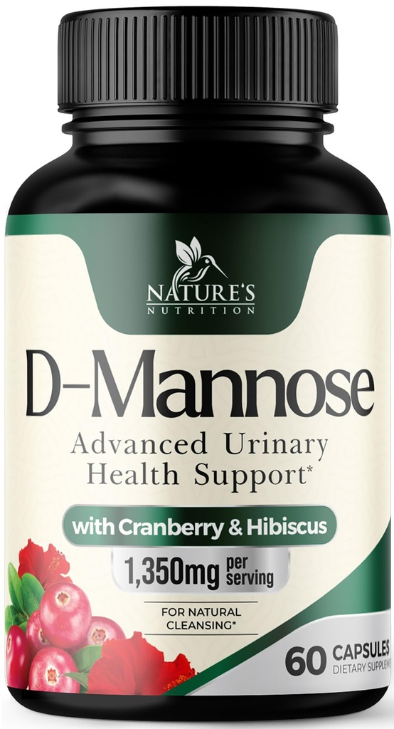 D-Mannose Supplemen 1.350 mg dengan Cranberry & Hibiscus - Effective Fast- Acting, Flush The Impruities for Natural Bladder, Urinary Tract Health Support, for Women, Non-GMO, Vegan, 60 Capsules