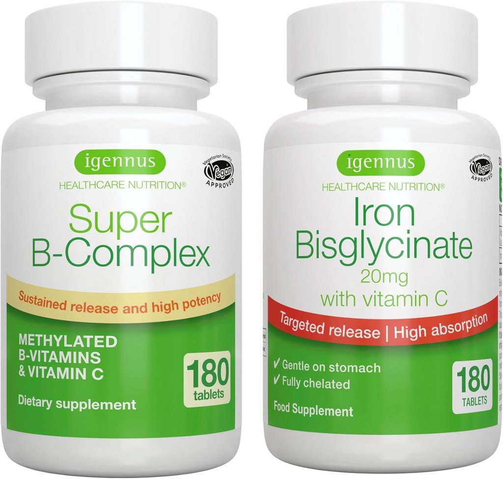 Kompleks Super B- & Tinggi Besi Bisglycinate 20mg dengan Vitamin C, Bundle Vegan, Methylated Rilis B Kompleks & Gentle One-Day Iron dengan Targeted Rilis, oleh Igennus