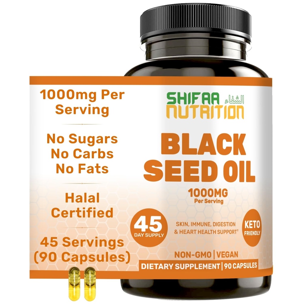 SHIFAA NUTRITITION Halal Black Seed Oil 124; 10000mg 45 Hamba, Nigella Sativa, Kalonji 124; Pasokan Rambut, Skin, Joints, Immune, Heart, Dicerna