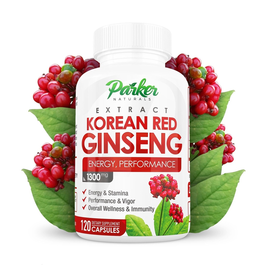 Parker Korean Red Ginseng Extract, 1300mg Extract dengan Ginger Root dan Black Pepper, 20% Ginsenosides Red Panax Ginseng Tambahan, 120 Caps