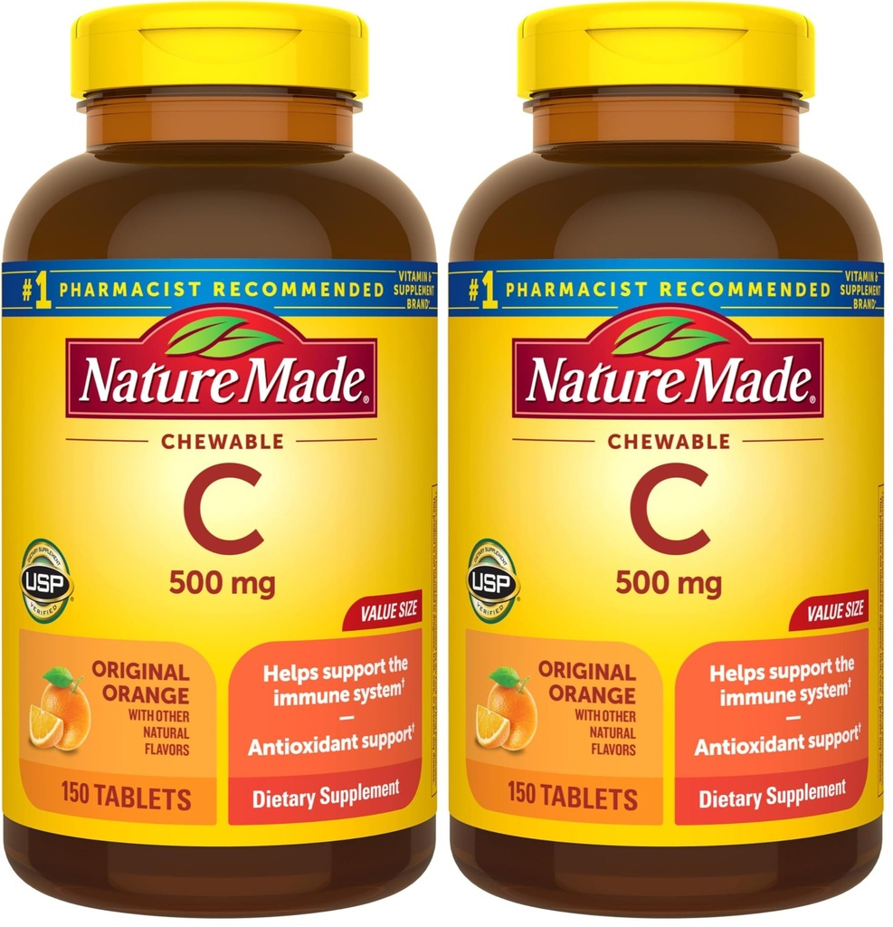 Nature Made Chewable Vitamin C 500 mg, Dietary Vitamin C Suplemen untuk Dukungan Imune, 150 Tablet, Supply 150 Hari (Paket 2)