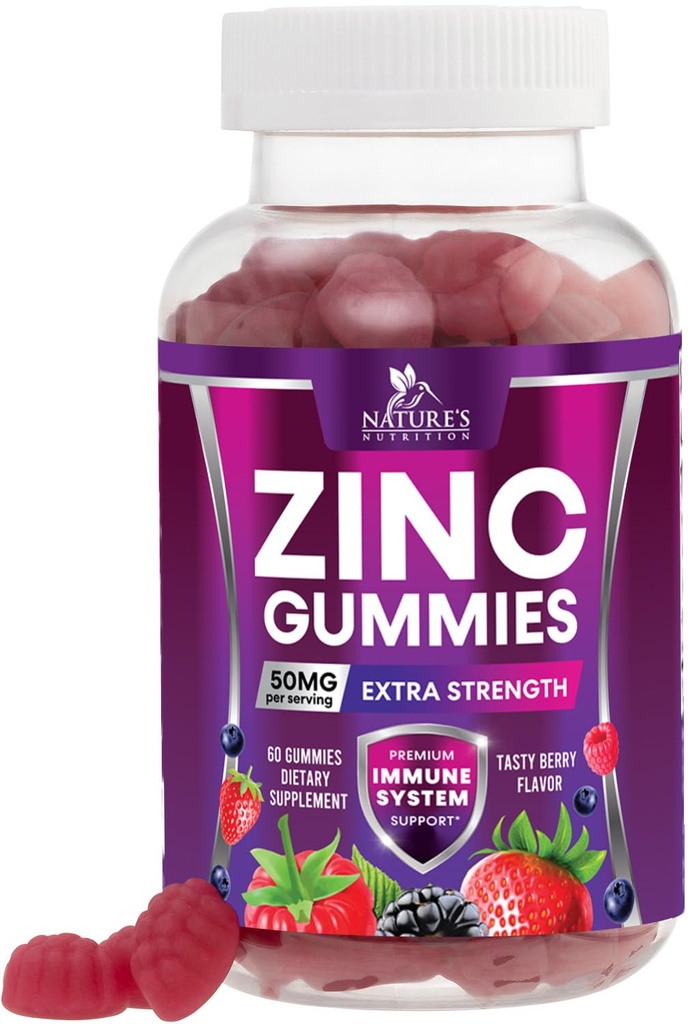 Zinc Gummies 50mg - Bone Skin & Imune Dukung Kesehatan Gummy & Premium Antioksidant Chewable untuk Dewasa - Gegan Absorpsi Tinggi, Gluten Free Zinc Suplemen Vitamin - Tasty Berry Flavor - 60 Gummimi