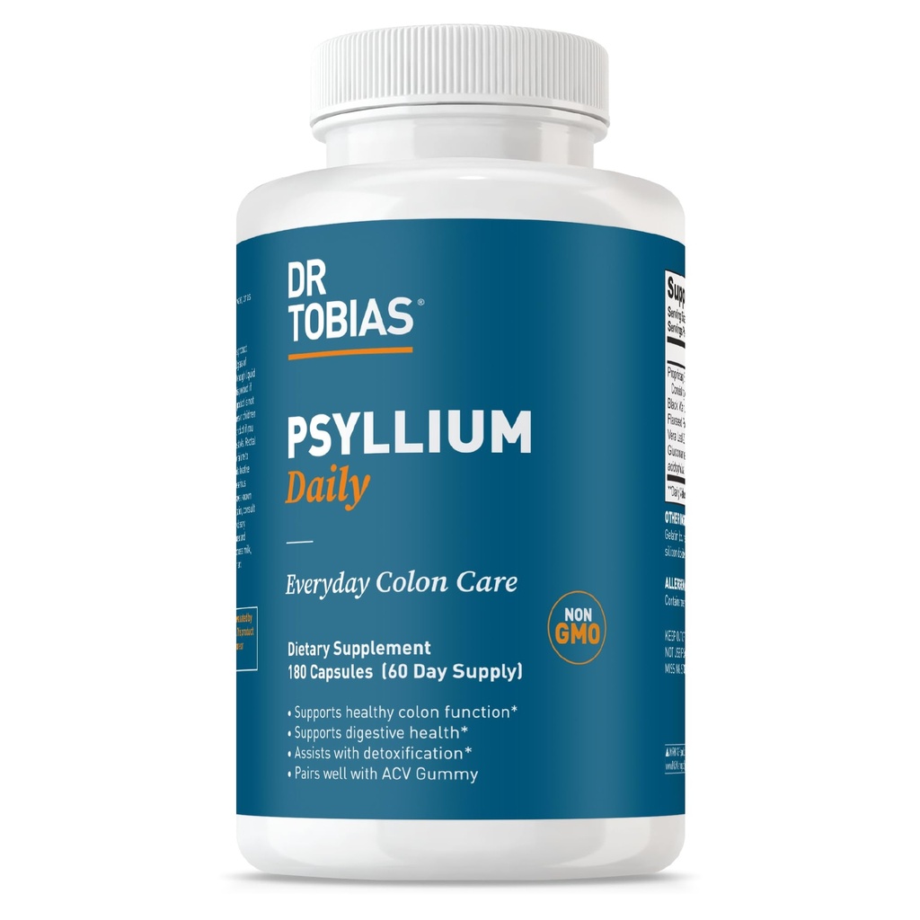 Dr. Tobias Psyllium Daily, Supports Healthy Bowel Movement, Psyllium Hussules with Bentonite Clay, Flaxseed & Natural Ingreations, Daily Fiber Suppplemen Kesehatan Colon, 180 Capsules