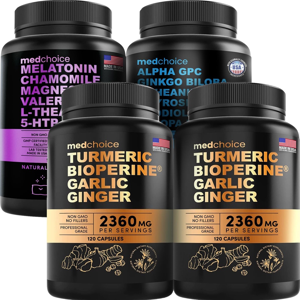 MEDCHOICE Turmeric & Ginger (240ct), Sleep Melonatin (90ct), and Nootropic Brain (60ct) Suplemen Bundle - Wellness Trio for Brain, & Imune Dupport - Vegan, NON-GMO, Gluten- Free