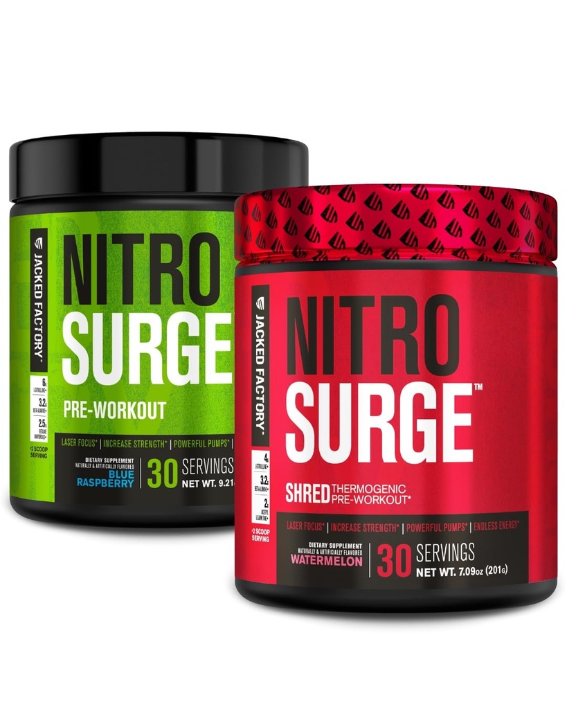 Jacked Factory Nitrospush Pre- Workout di Blue Raspberry & Watermelon Nitrospush Shred Premogenic Workout untuk Pria & Perempuan