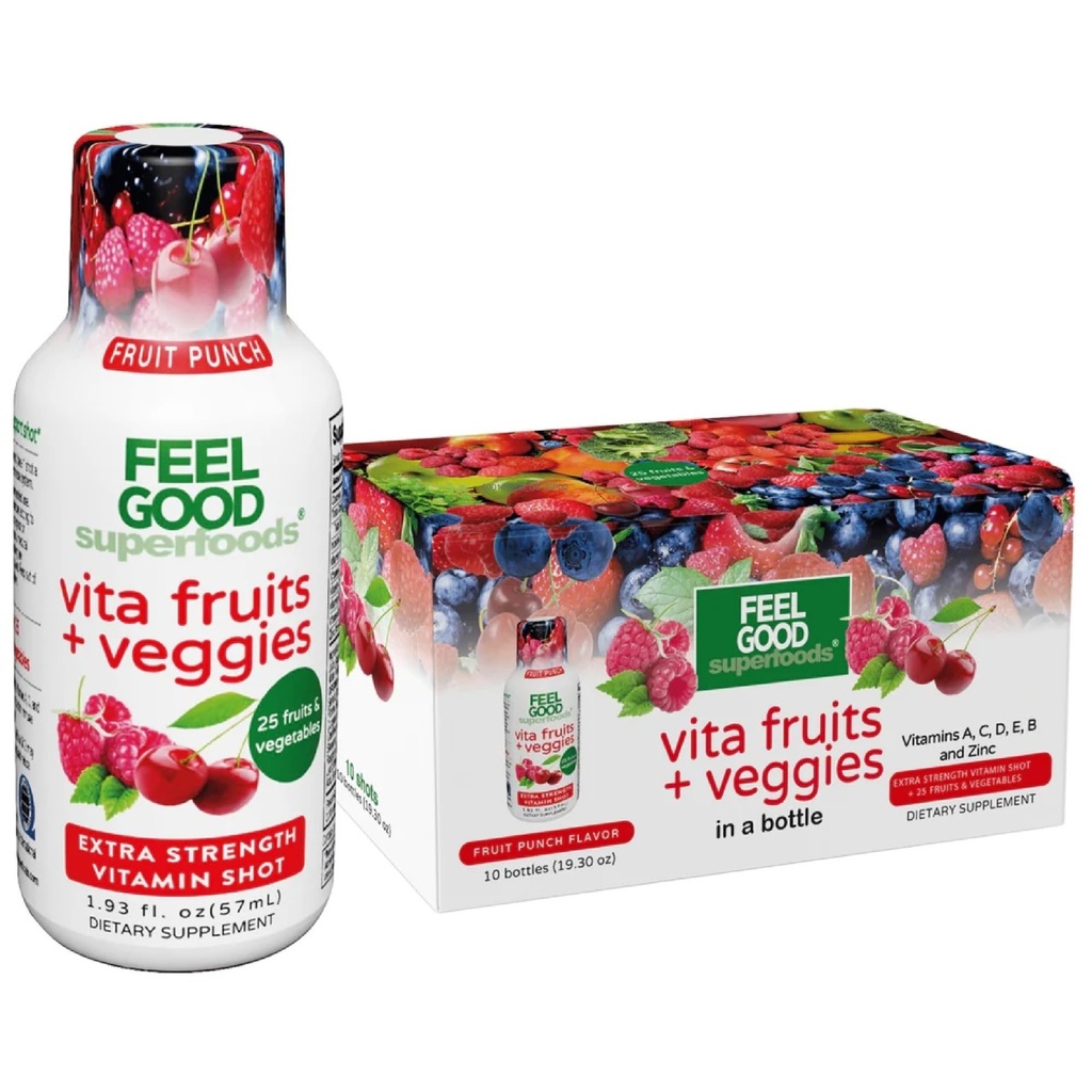 FeelGood Superfood Vita Fruits and Veggies Ammune Support Shot Suplemen, Fruit Fruit, Pack of 10 Immunity Shots, Ammune System Booster Drink Made with 25 Organic Fruit & Vegetables