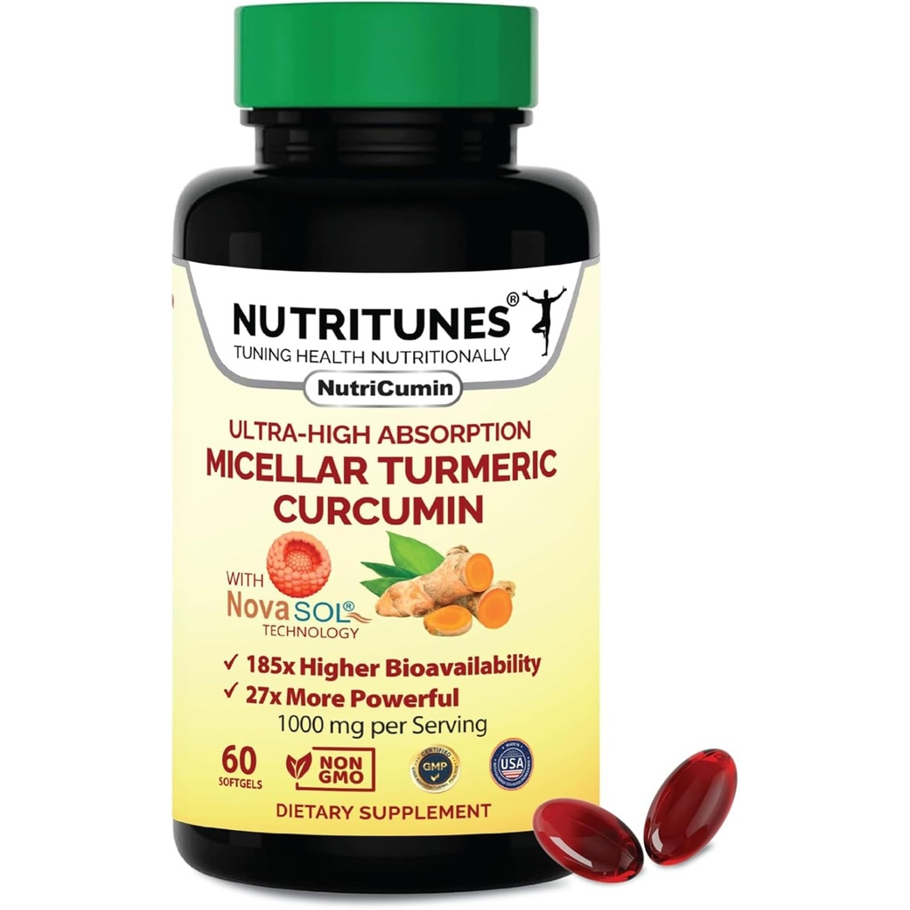 Suplemen Curcumin Turmeric 1000mg untuk Dukungan Gabungan - 185x Bioavailable & High Absorpsi dengan Teknologi Novaloul - 60 NutriCumin Softgels